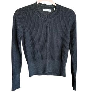 Sandro Ribbed Shimmer Long Sleeve Cardigan Button Down Black Green Metallic S